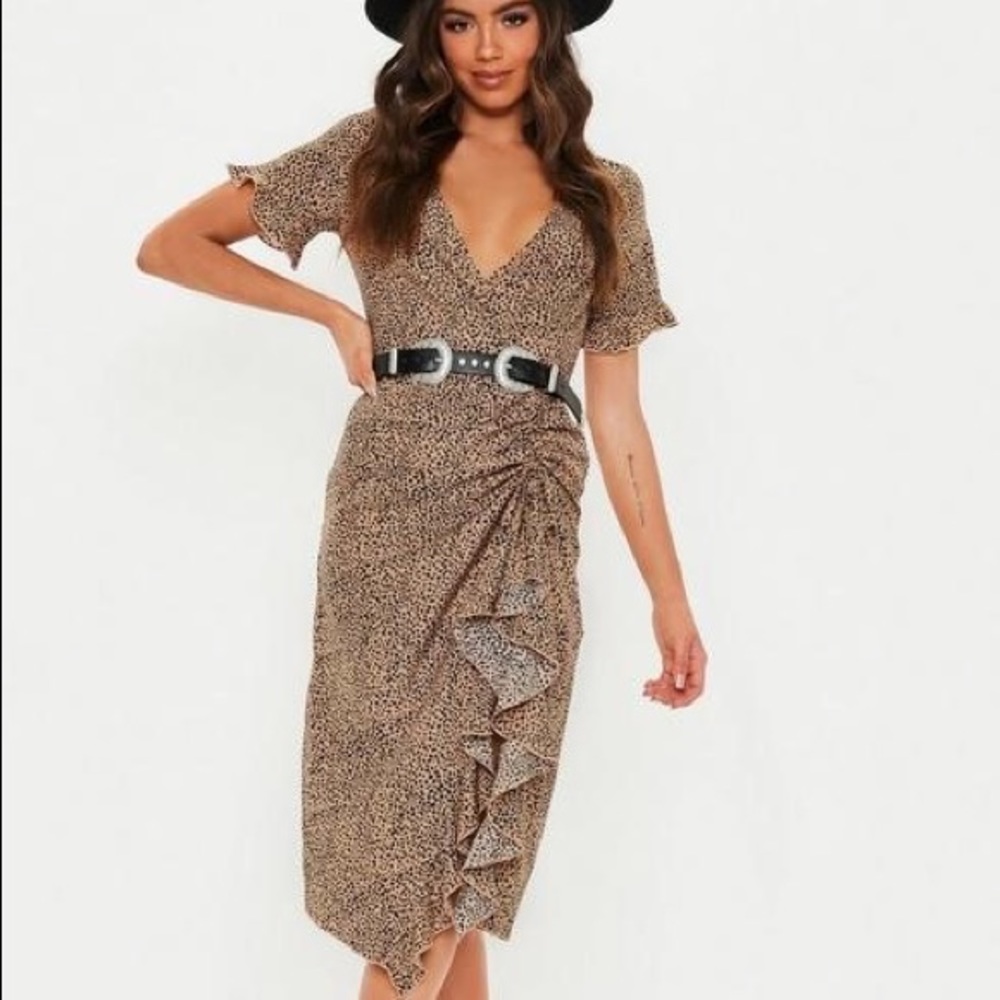 Tan Leopard/Dalmatian Ruched Midi Dress with Slit